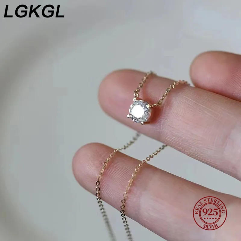 LGKGL 925 Sterling Silver 18k Gold Plated Necklaces Versatile Single Sparkling 6mm Zircon Clavicle Chain Female Wedding collars